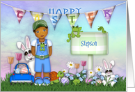 Easter for a Stepson Ethnic Young boy with Bunnies and Flowers card