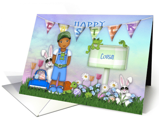 Easter for a Cousin Ethnic Young boy with Bunnies and Flowers card