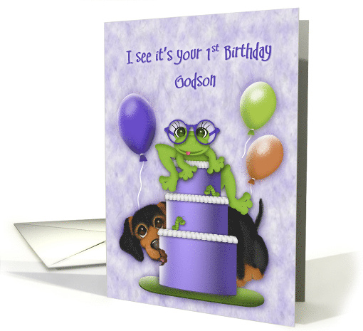 1st Birthday for a Godson Frog with Glasses on a Cake Puppy card