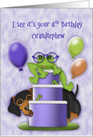 4th Birthday for a Grandnephew Frog with Glasses on a Cake Puppy card