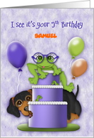 5th Birthday Customize with Any Name Frog with Glasses on a Cake Puppy card