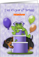 6th Birthday Customize with Any Name Frog with Glasses on a Cake Puppy card