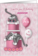 7th Birthday Customize with Any Name Kitten with Glasses on a Cake card