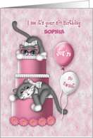 6th Birthday Customize with Any Name Kitten with Glasses on a Cake card