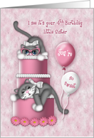 4th Birthday for a Little Sister Kitten with Glasses on a Cake card