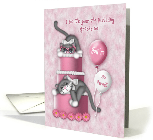 7th Birthday for a Grandniece Kitten with Glasses on a Cake card