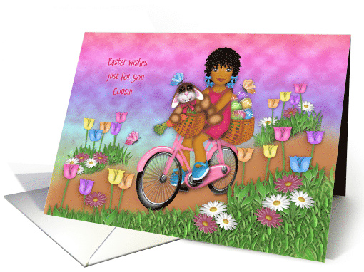 Easter for a Cousin Ethnic Girl on a Bike with Bunny in a Basket card