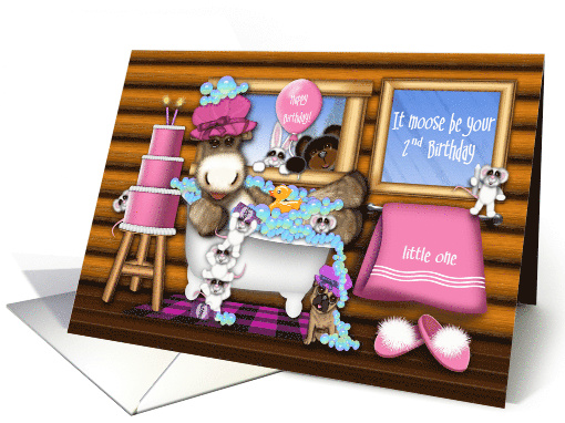 2nd Birthday For a Young Girl Moose in Tub Forrest Animals card