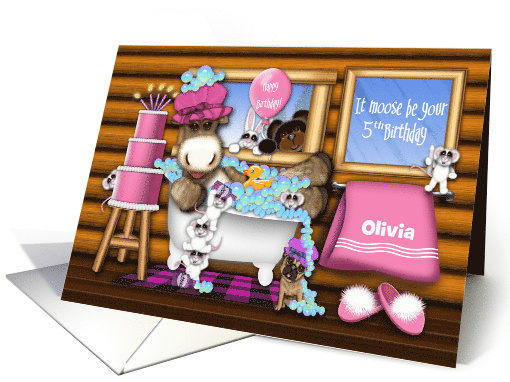5th Birthday Customize With Any Name Moose in Tub Forrest Animals card