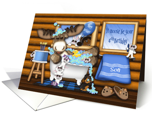 4th Birthday For a Young Son Moose in a Tub With Mice and Animals card