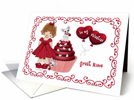 Valentine for Great Niece Puppy on a Cupcake Heart Balloons card