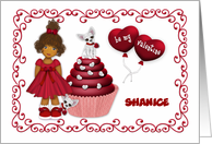 Valentine Ethnic Customize Any Name Puppy on a Cupcake Heart Balloons card