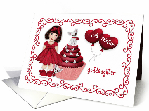 Valentine for a Asian Goddaughter Girl Puppy on a Cupcake Hearts card