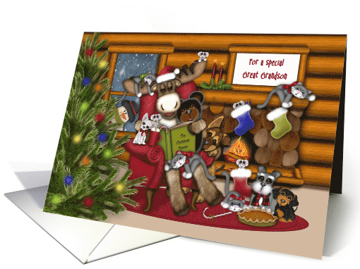 Christmas For Great Grandson Moose Reading to Animals by the Fire card