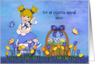 Easter For Niece Blonde Girl Sitting on Egg Holding Bunny card
