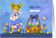 Easter Customize with Any Name Blonde Girl Sitting Egg Holding Bunny card