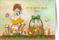 Easter for a Niece Redhead Girl Sitting Egg Holding Bunny card