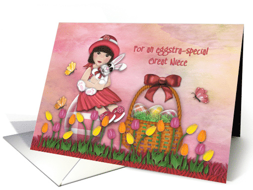 Easter For Great Niece Asian Girl Sitting on Egg Holding Bunny card