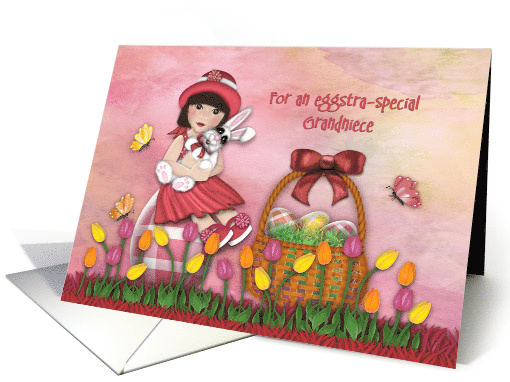 Easter For Grandniece Asian Girl Sitting on Egg Holding Bunny card