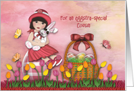 Easter For a Cousin Asian Girl Sitting on Egg Holding Bunny card