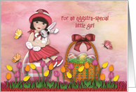 Easter For a Little Asian Girl Sitting on Egg Holding Bunny card