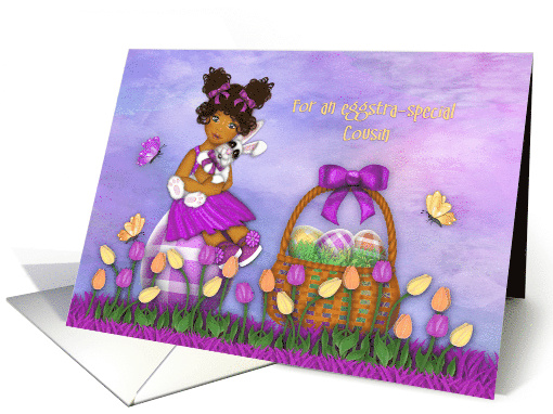 Easter for a Cousin Ethnic Girl Sitting Egg Holding Bunny card