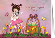 Easter For a Cousin Girl Brunette Sitting Egg Holding Bunny card
