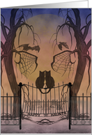 Black Cats Guarding the Cemetery Gates Against a Full Moon card