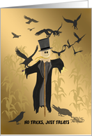 Friendly Scarecrow Inviting Crows in for a Halloween Treat in the Corn card