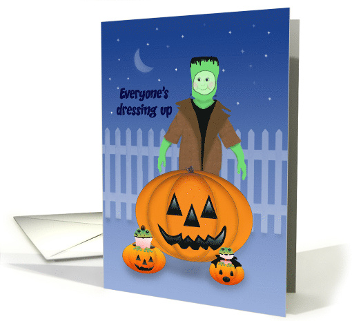 Child Dressed as a Frankenstein behind Giant Jack O lantern card