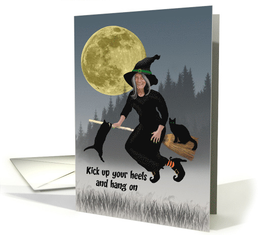 Old Witch Riding a Broom with Her Black Cat Familiars card (1729254)