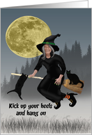 Old Witch Riding a Broom with Her Black Cat Familiars card