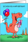 A Happy Trex Holds a Birthday Present with Balloons Tied To His Tail card