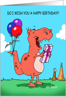 A Happy Trex Holds a Birthday Present with Balloons Tied To His Tail card