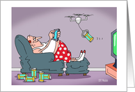 Funny Birthday Man in Easy Chair Drone Brings Beer card