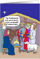 Funny Christmas Cartoon of Three Magi Who Don’t Like the Manger Smell card
