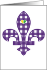 Cute Purple and White Checkered Fleur De Lis Symbol For Mardi Gras card