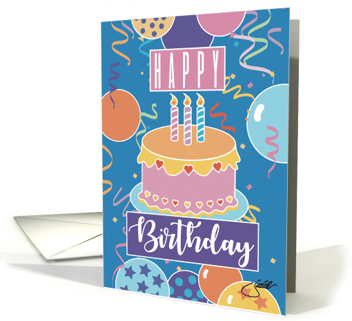 Happy Birthday Cake, Candle and Balloons card (1580250)