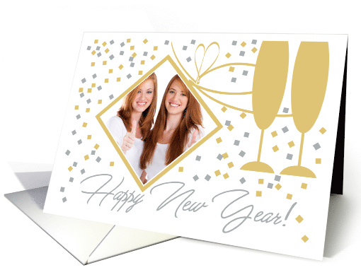 Toast to A Happy New Year With Confetti Glitter Bows Photo card