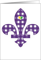 Cute Purple and White Checkered Fleur De Lis Symbol For Mardi Gras card