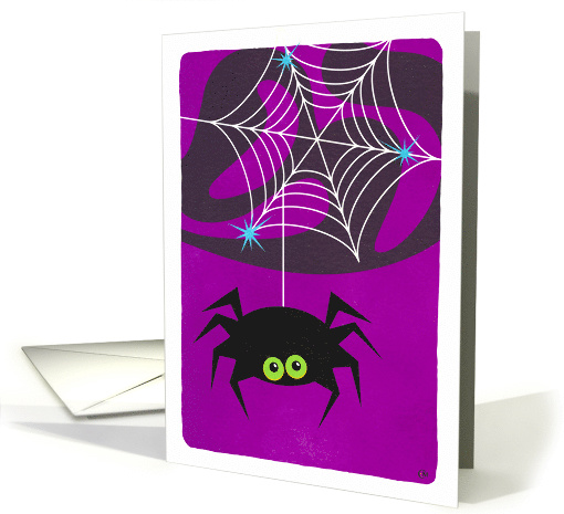 Halloween Spider Hanging from a Gleaming Web on Purple Mist card