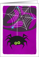 Halloween Spider Hanging from a Gleaming Web on Purple Mist card