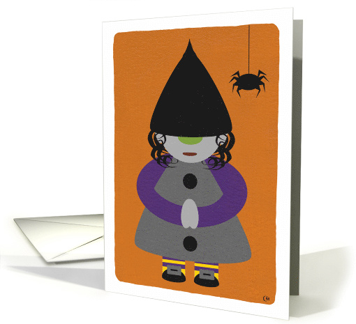 Halloween Witch Gnome and Spider on Orange Background card (1631968)