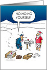 Funny Christmas Postman Delivering Mail to Santa at North Pole. card