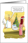 Humorous Christmas Angel Buying Present for God card