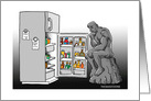 Humorous Dinner Party Invitation Card, The Thinker Looking in Fridge card