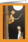 Boy in Cat Costume in Tree Looking at Kid in Dog Costume card
