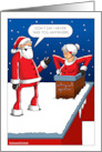 Santa on Roof with Mrs. Claus Climbing Down Chimney card