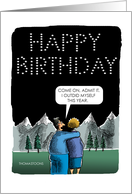 Funny Birthday Guy Arranging Stars for Wife card