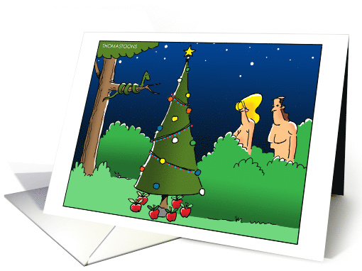 Funny Christmas Adam and Eve With Apples Under Xmas Tree card